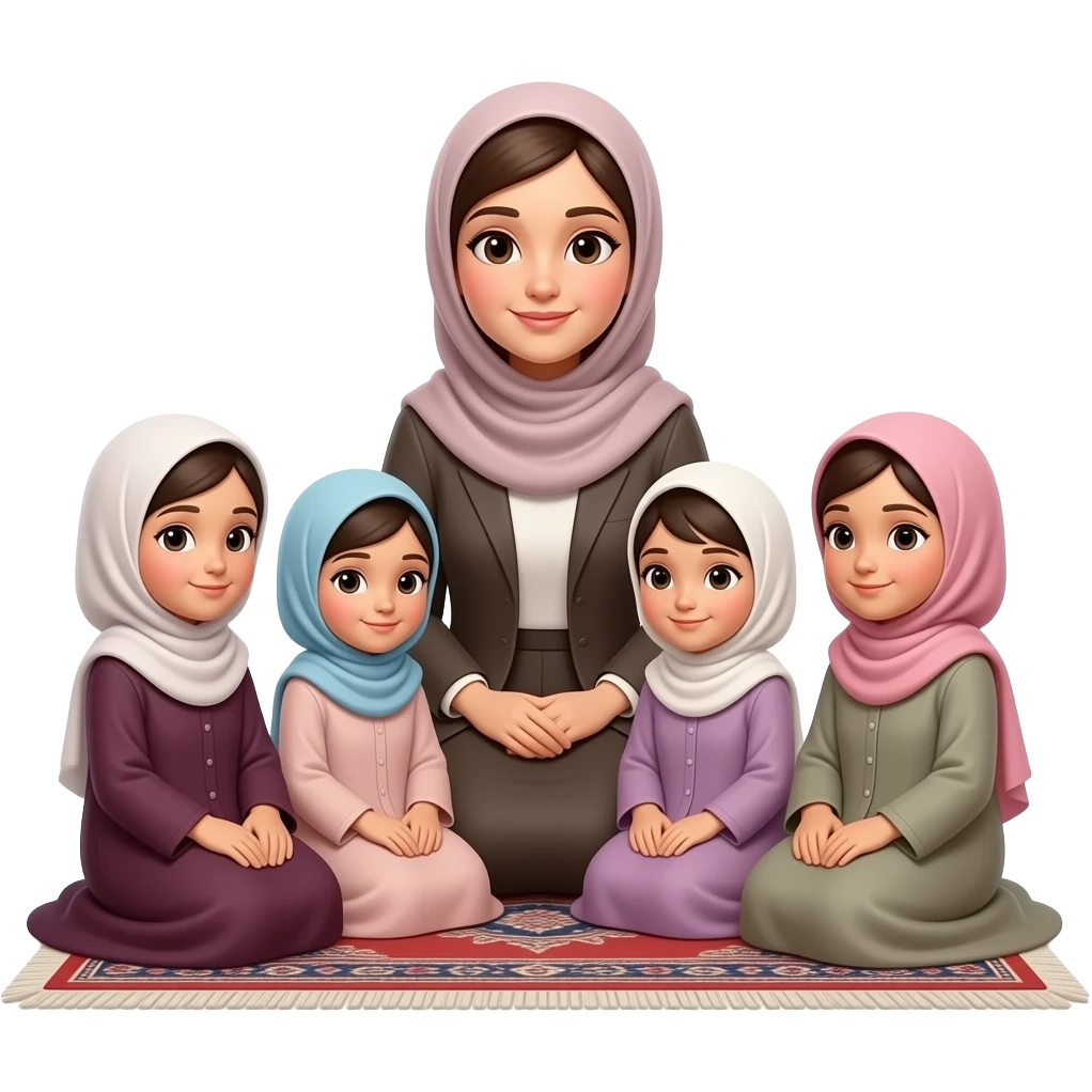 hijabi  little girls sitting with their teacher feamaleon carpet. All wearing abayas. more girls. emoji
