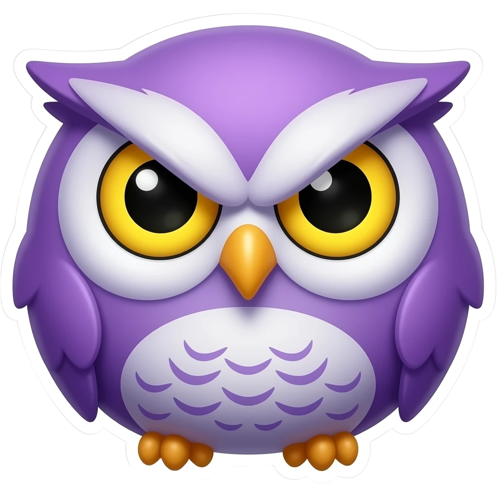 Twitch emote, a purple owl head, dark fantasy style like Dark Souls, angry or serious expression, yellow eyes, vector art, white outline, white background, square format emoji