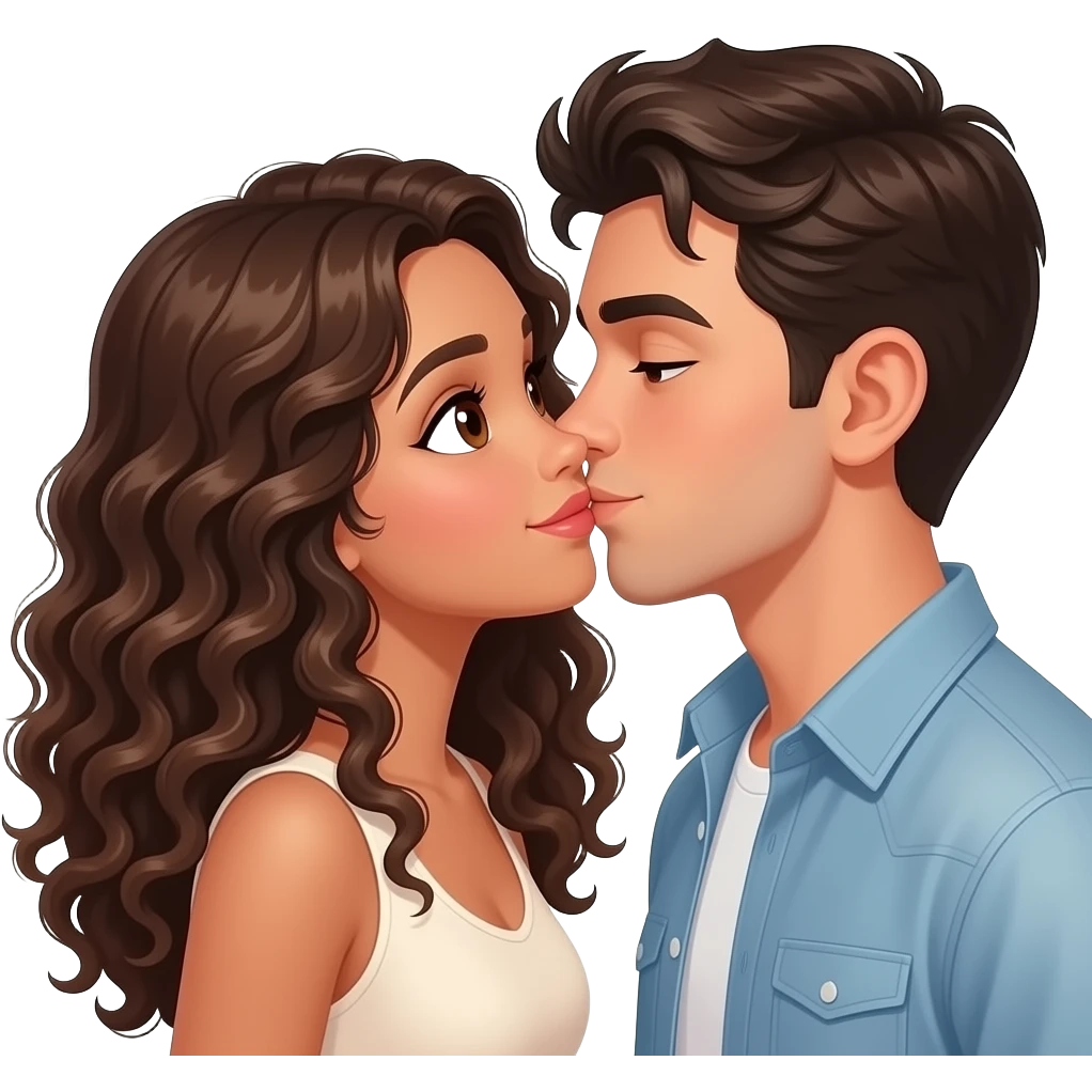 A Brazilian girl with long curly hair, brown beautiful eyes, nice clothes, lovely minimal make up and some fantastic lips with some gloss kissing a handsome boy emoji