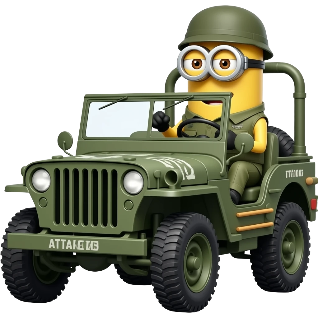 Minion in army uniform driving army jeep with Attack Titans text on hood emoji
