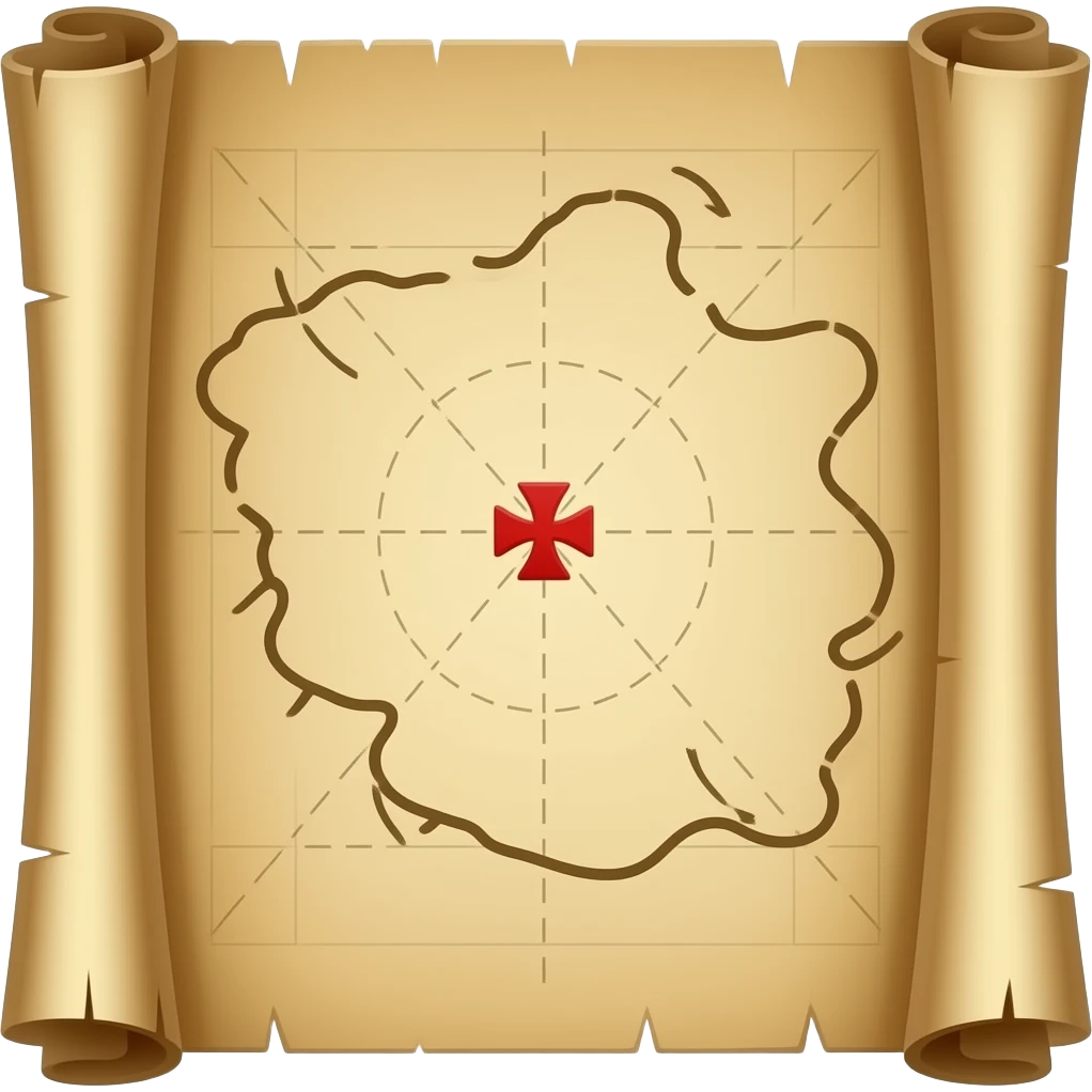 A treasure map, highly detailed, a small red Maltese cross X marks the location of the treasure, old parchment, slightly scrolled ends emoji