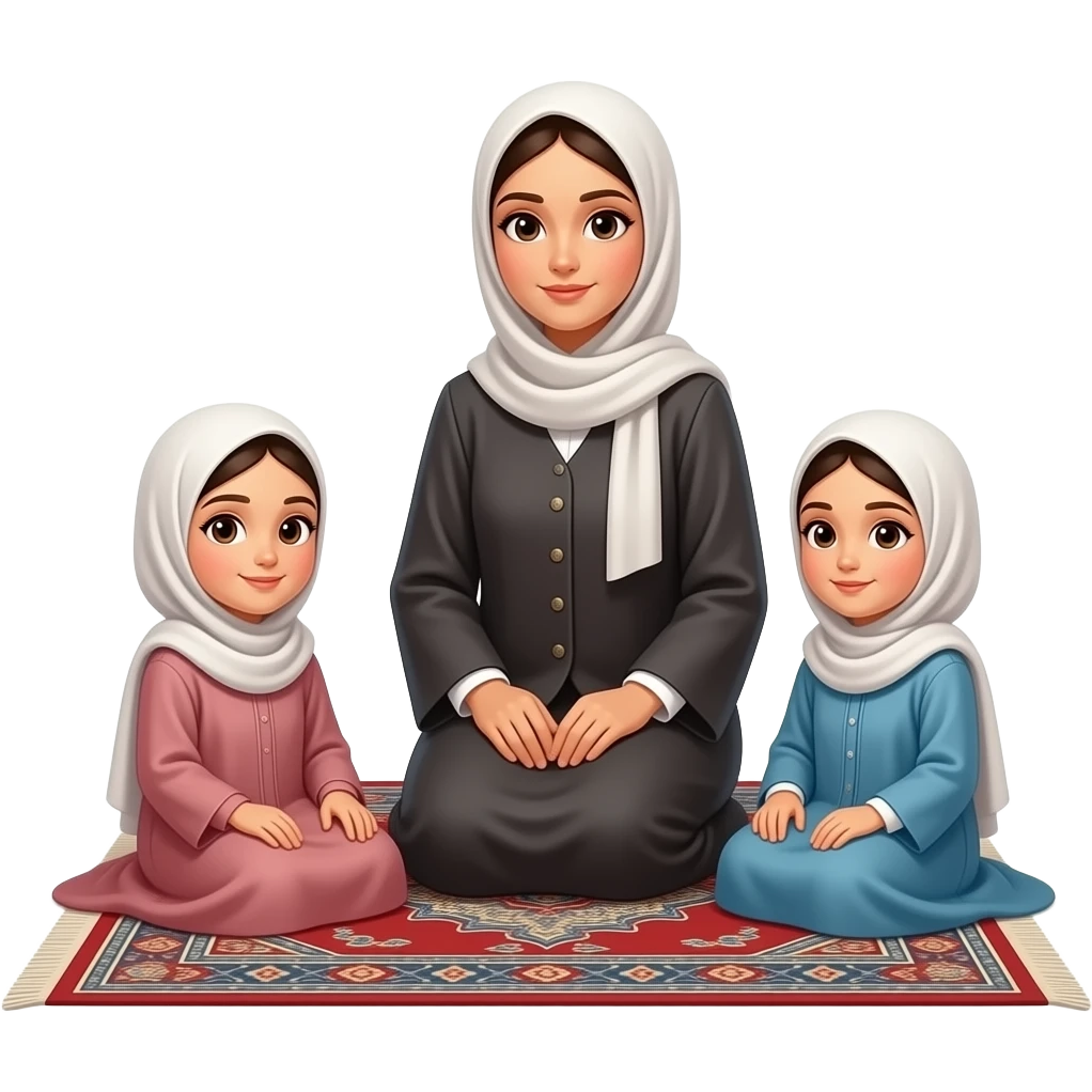 hijabi  little girls sitting with their teacher feamaleon carpet. All wearing abayas. emoji