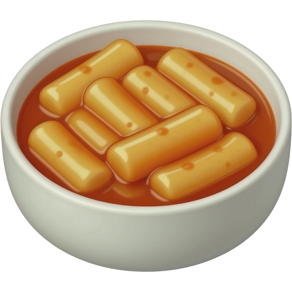 3D emoji style Korean tteokbokki in a white bowl, 
plump white rice cakes coated in glossy spicy red sauce, 
Apple emoji aesthetic, soft highlights, 
transparent background, bold simple shapes emoji