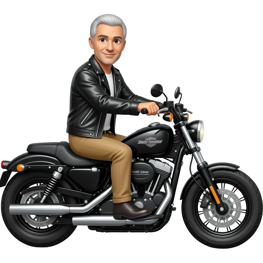 Gray hair clean shaven man with no beard in black leather jacket and tan pants riding on a harley heritage classic emoji