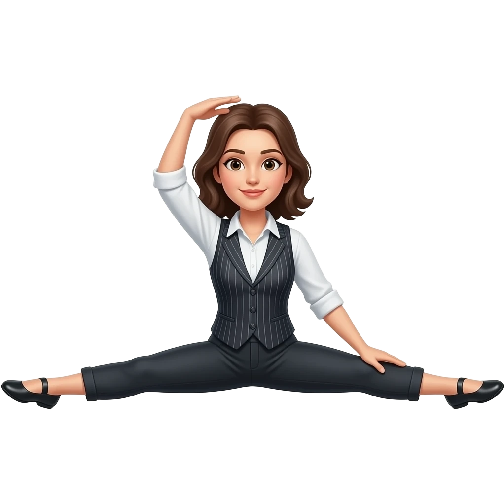 and a stripe waistcoat. Doing a big dance split leap with her legs in splits. With one leg/toe nearly touching her head please emoji