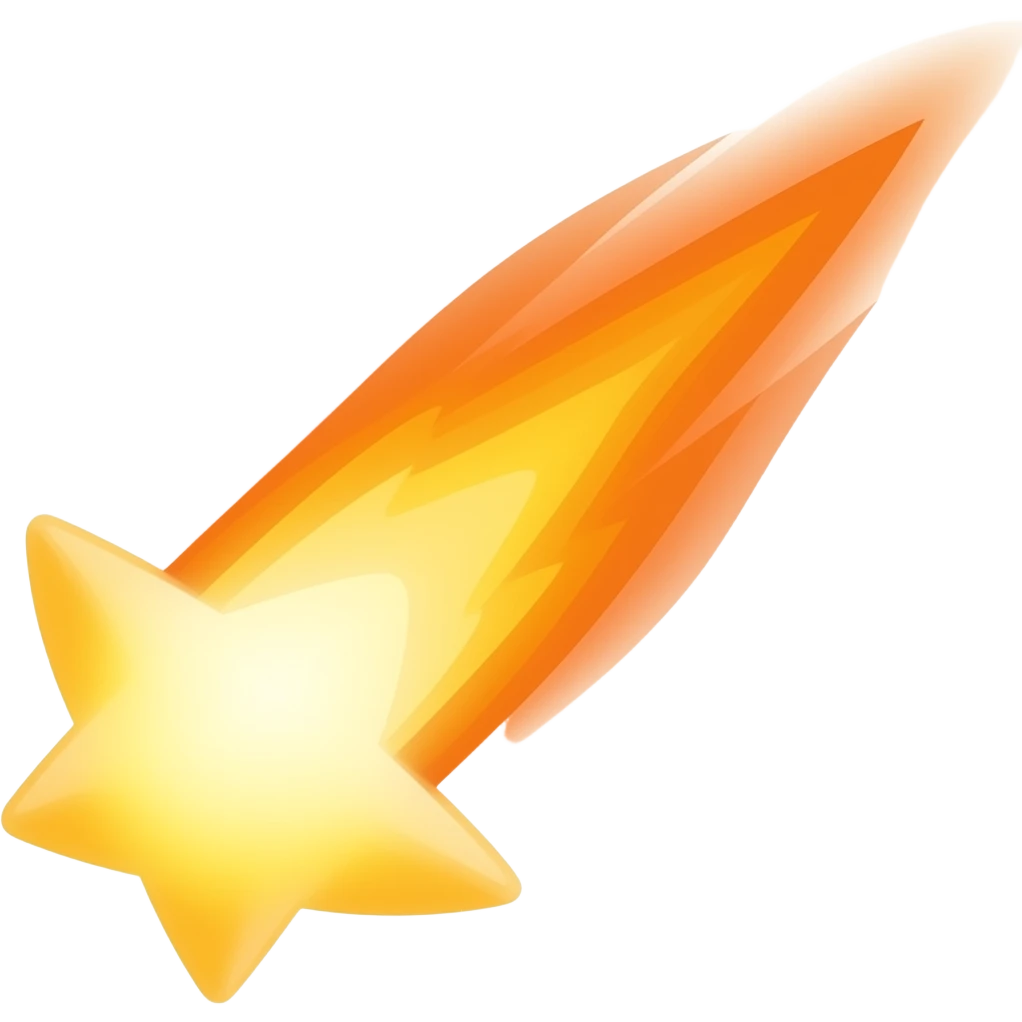 shooting star with a comet-like tail of a yellow-orange hue, transparent background, minimalistic, in the style of modern iOS emoji – soft plastic material, subtle lighting, gentle reflections and glossy highlights emoji