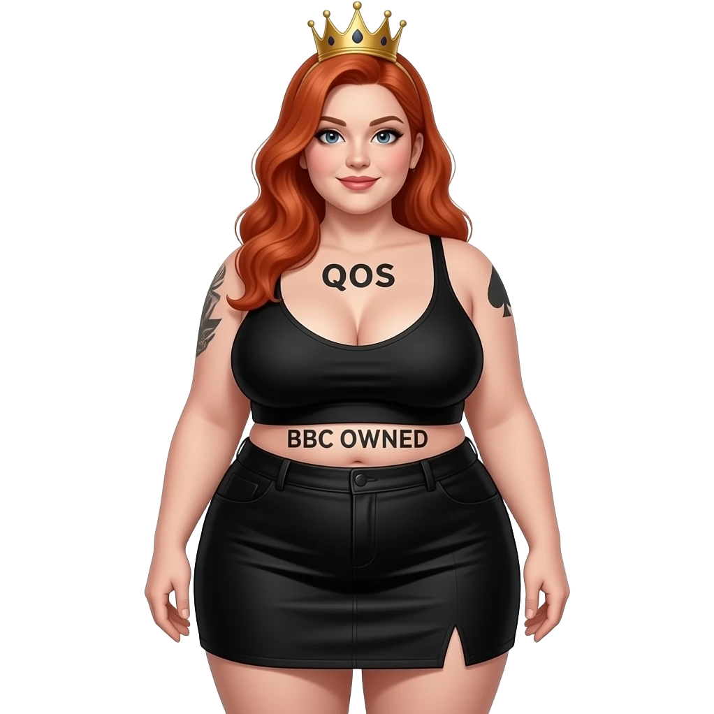 Match black mini skirt black top BBC OWNED tattoo above her pelvis with QoS tattooed on her left breast and Thicker Amazon Queen 👑 5'-7" tall 197 lbs F cup breasts thick lady w Ginger to red hair plump all day over and lighten skin to creamy white tattoos black and on the right breast a ♠️ emoji