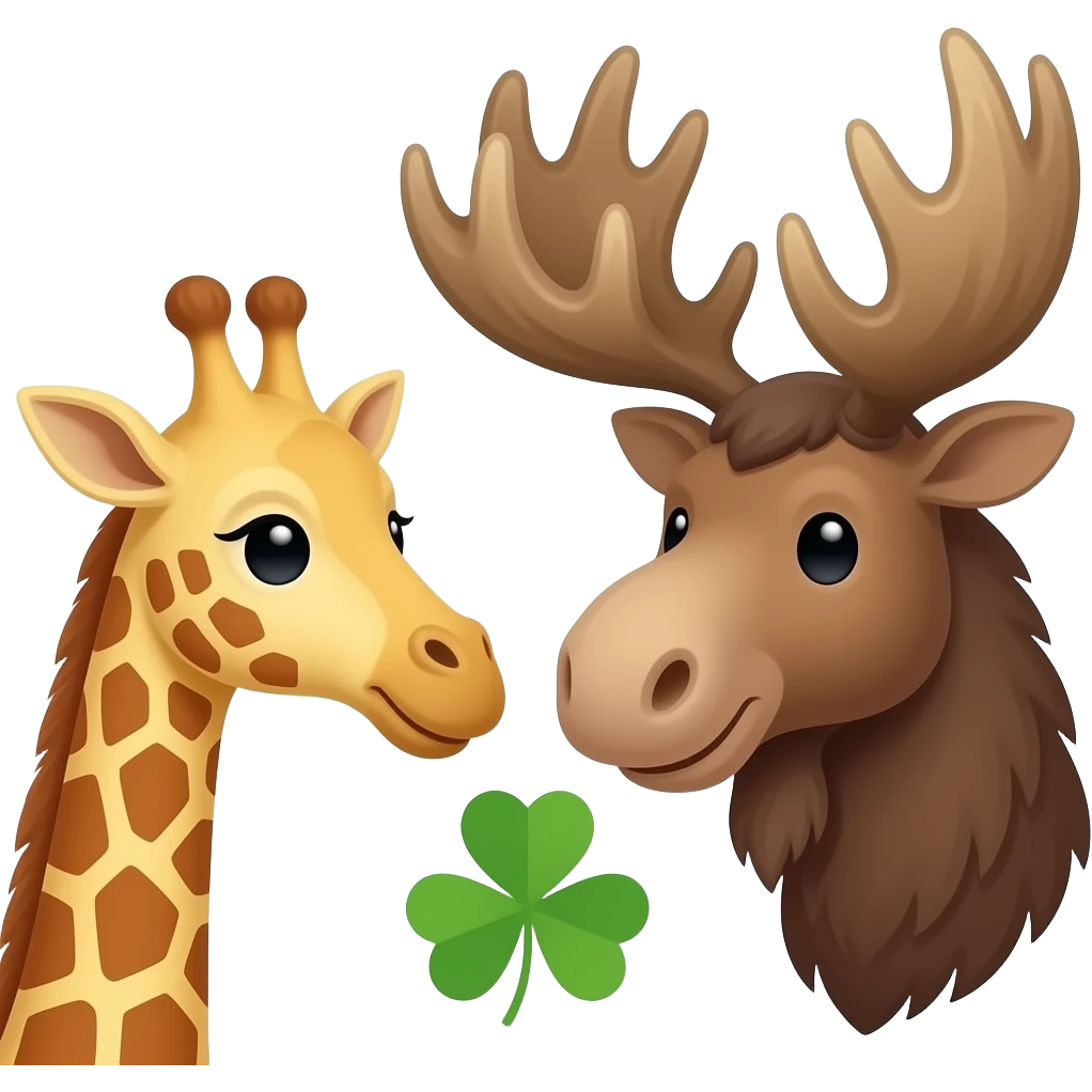 Giraffenkopf und Elchkopf schauen sich an und ein Kleeblatt emoji