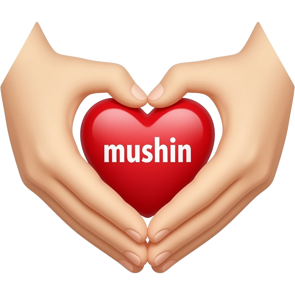 A two hand heart that actually has a heart that is red inside of it and the word mushin reversed out in white emoji
