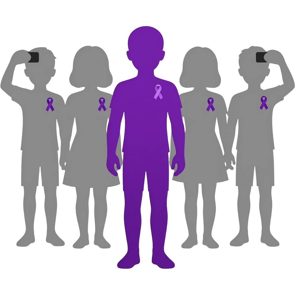 iOS-style emoji: group of human silhouettes (boys and girls) taking a photo, each wearing a small purple ribbon for fibromyalgia awareness, with one silhouette fully purple standing out, soft gradients, cute and minimal, transparent background emoji