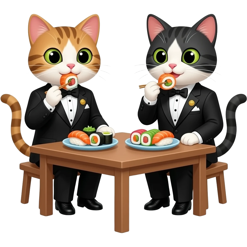 two female cats dressed in tuxedos eating sushi emoji | AI Emoji Generator