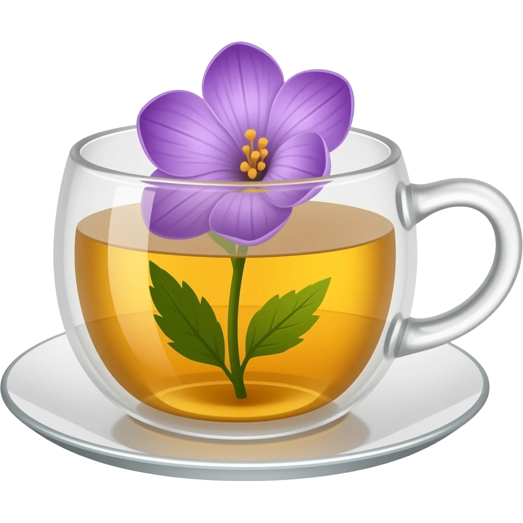 Glass cup of tea with a purple flower in it emoji