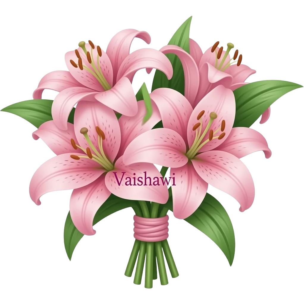 Bunch of pink lily flowers with Vaishnavi written on it emoji