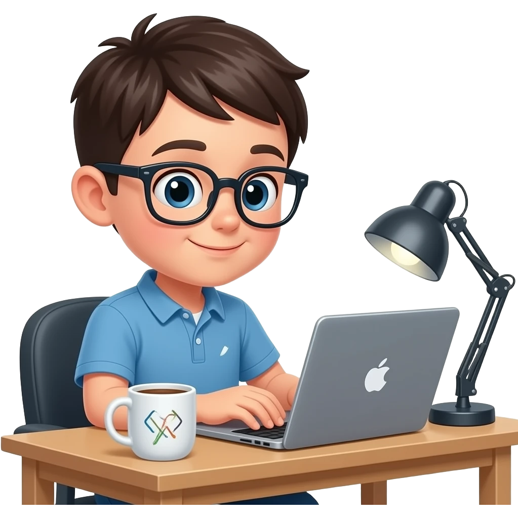 A little boy sitting on his laptop while coding emoji