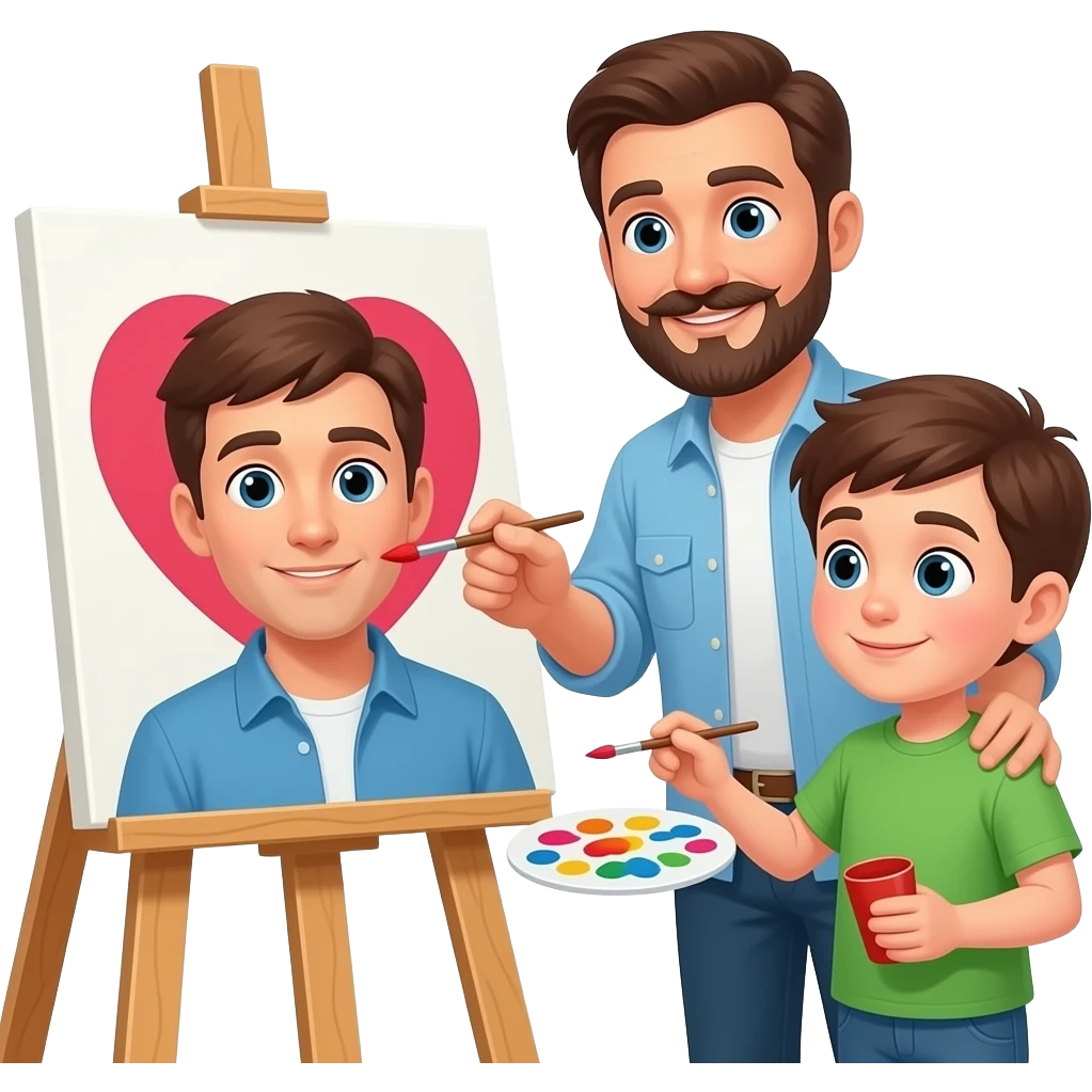 Vater (40) mit moustache und Sohn (22) malen zusammen ein Herz auf einer Staffelei emoji