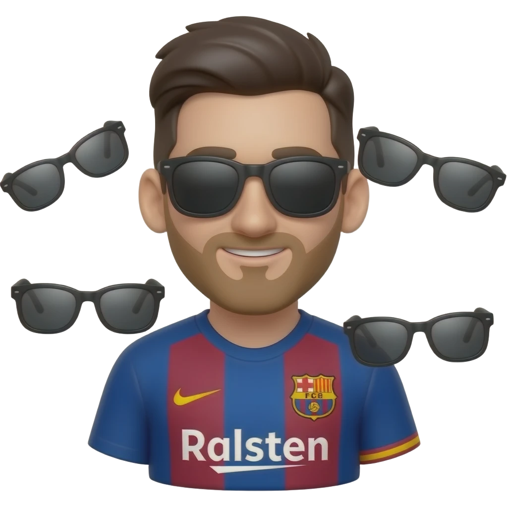 Messi-inspired 3D emoji, full Barcelona jersey, 3 black sunglasses floating around torso. emoji