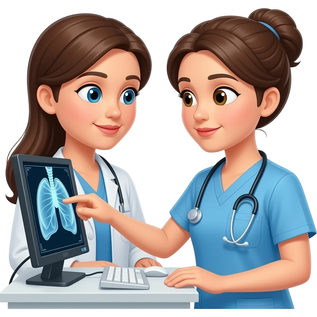 The pediatrician woman examines the lung scan emoji