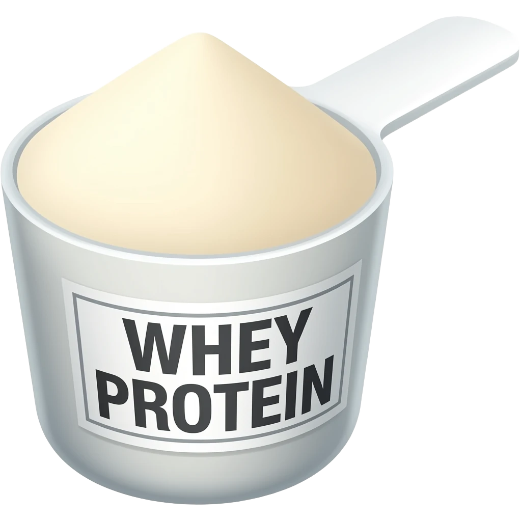 A scoop filled with protein powder labeled 