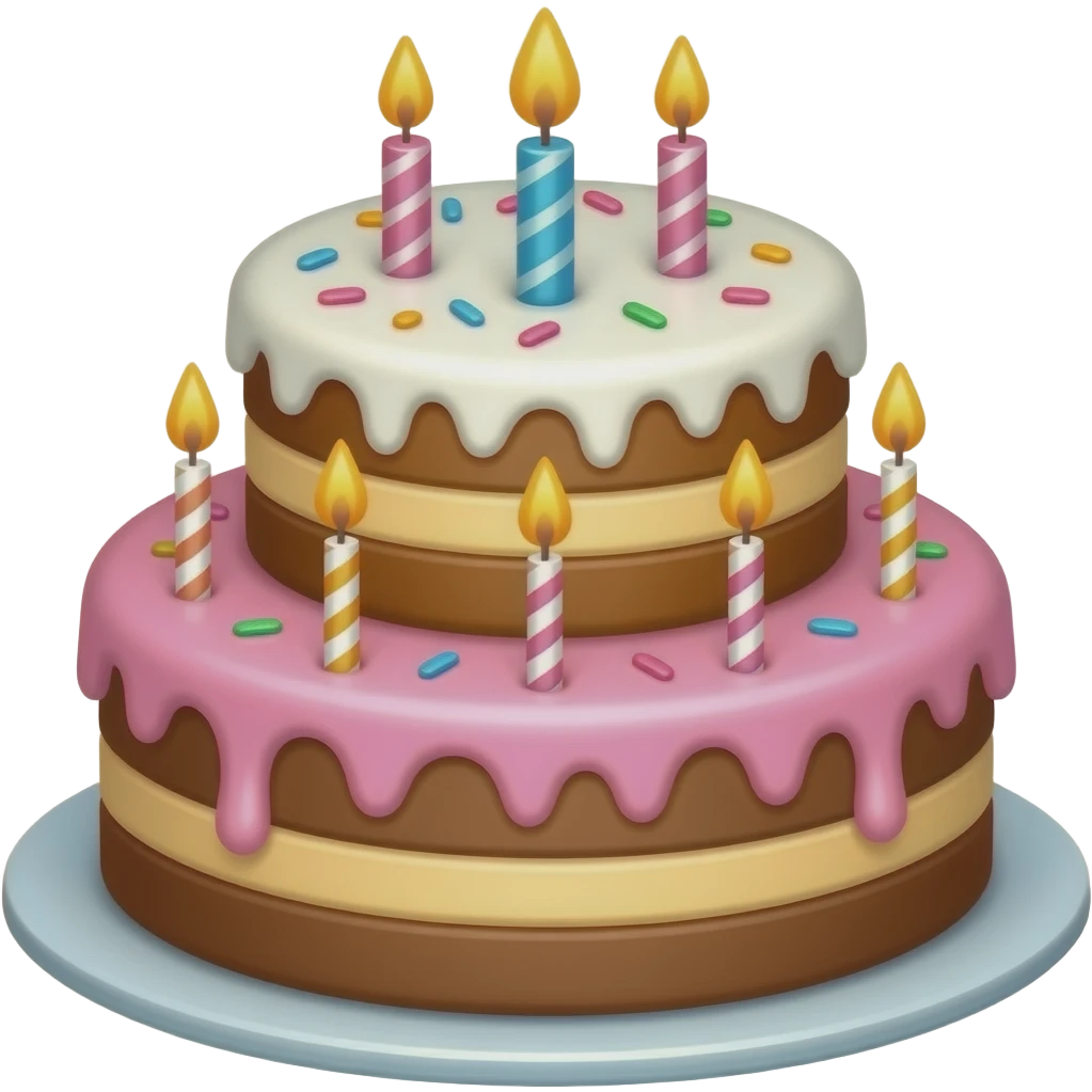 festive two-storey cake (white icing on top, pink on the bottom, brown and beige cakes) with candles (5 on the lower floor and 3 upstairs) and sprinkles, THE PLATES SHOULD NOT BE emoji