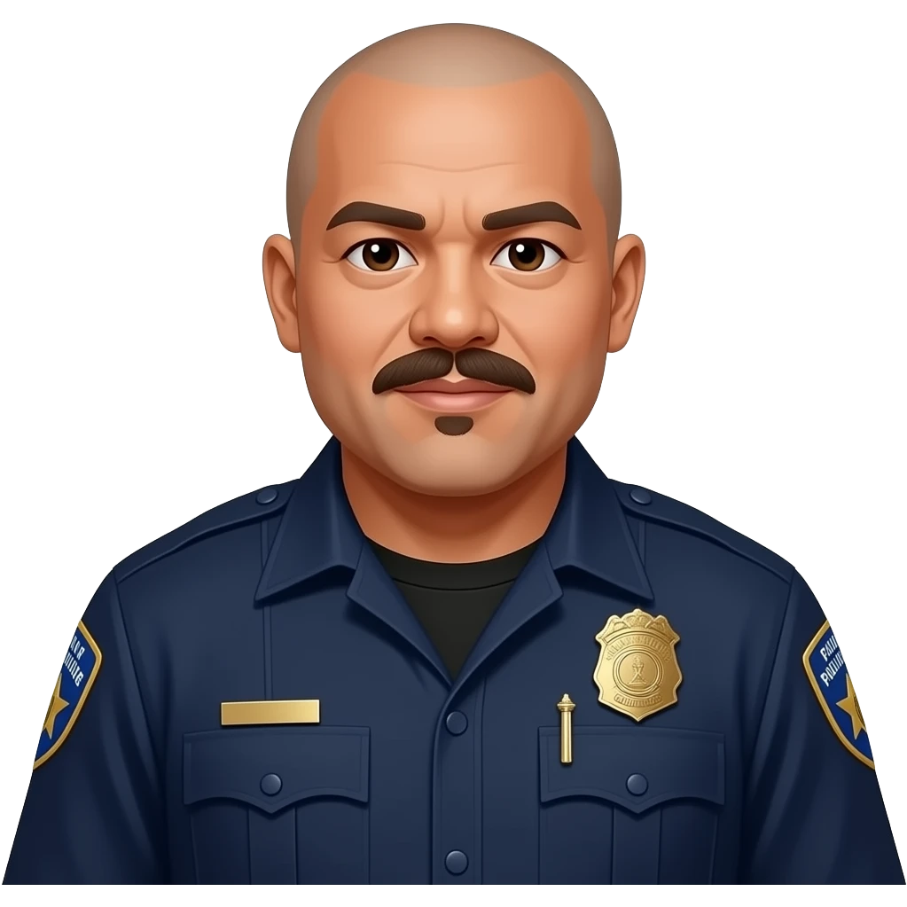 fat filipino male police officer dark blue uniform star badge with gold star badge, bald, pointed moustache, darker skin, fatter face, long sleeve, black t-shirt, pointed moustache emoji