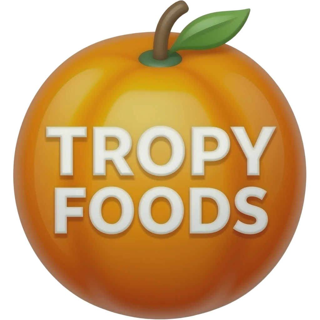 Create an Apple-style emoji sticker of an orange food brand logo with white serif typography saying ‘TROPY FOODS’, smooth glossy shading, clean vector look.” emoji
