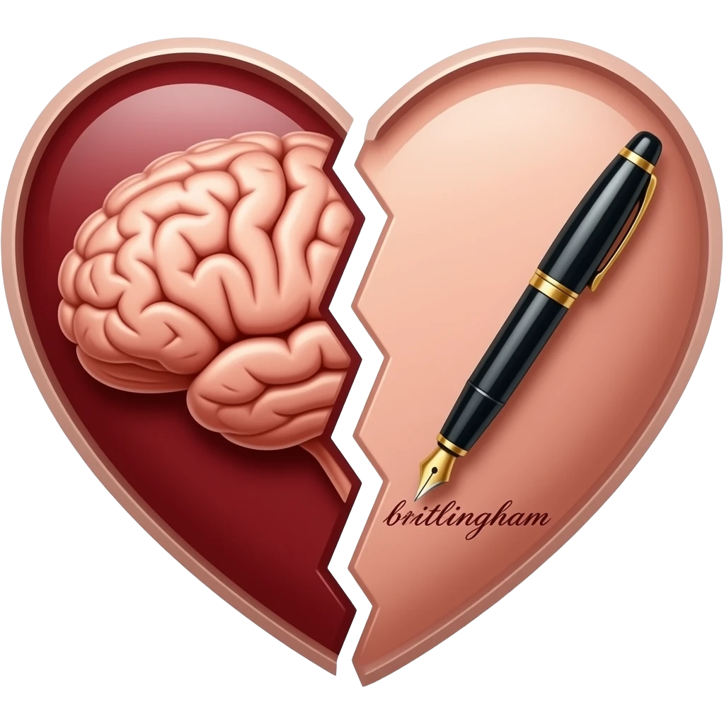 make a heart that half has a mind and the other has a pen. make writing on the pen side that says brittingham emoji