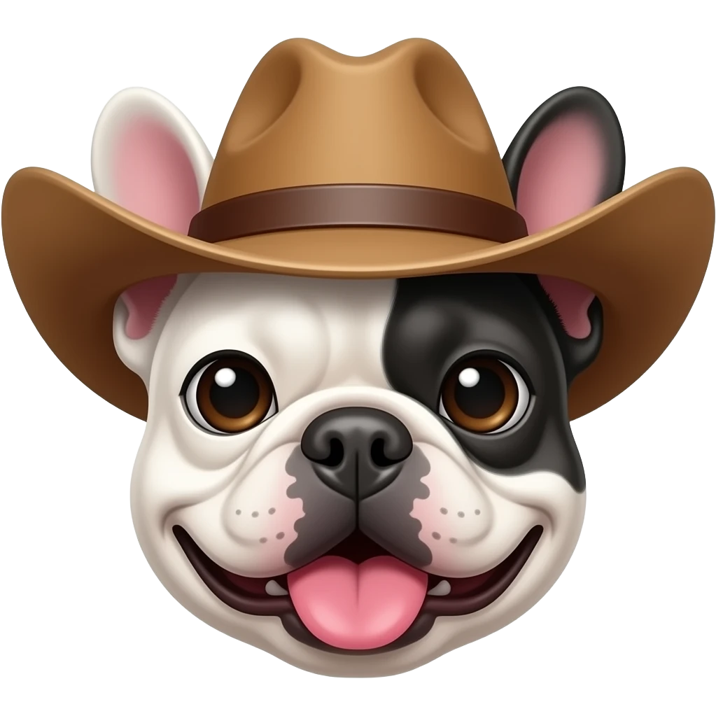 a white french bulldog looking just next to the camera with a cowboy hat on, just his face, with his tongue out emoji