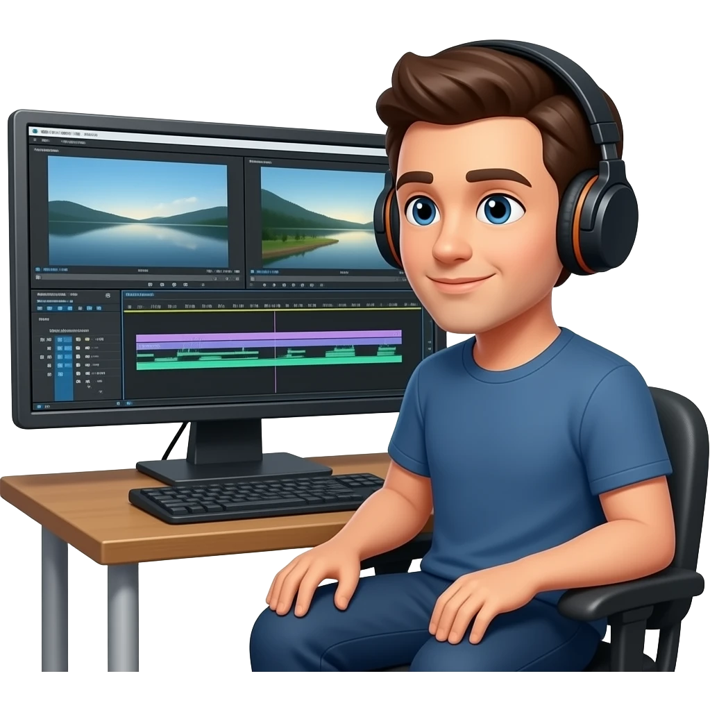 video editor with headsets monitor with timeline emoji