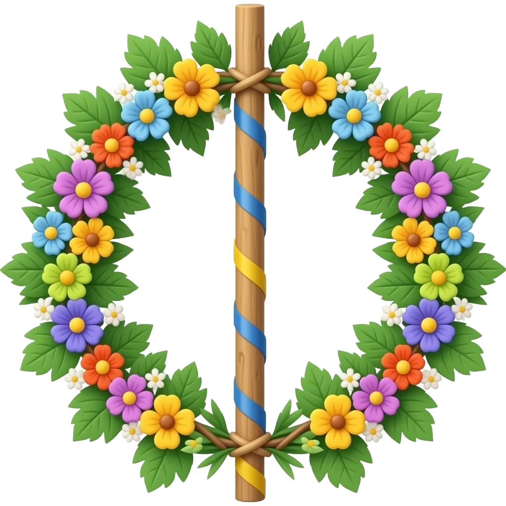 traditional swedish midsummer-pole fully green leaves two rings multicolour flowers emoji