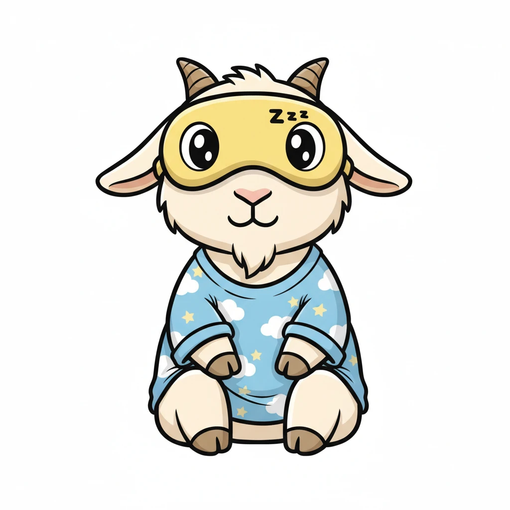 a goat with yellow sleep mask and wearing shirt, front view,  Frontal Top-Down Soft Light, white background, portrait, casual cartoon stylized game mobile emoji