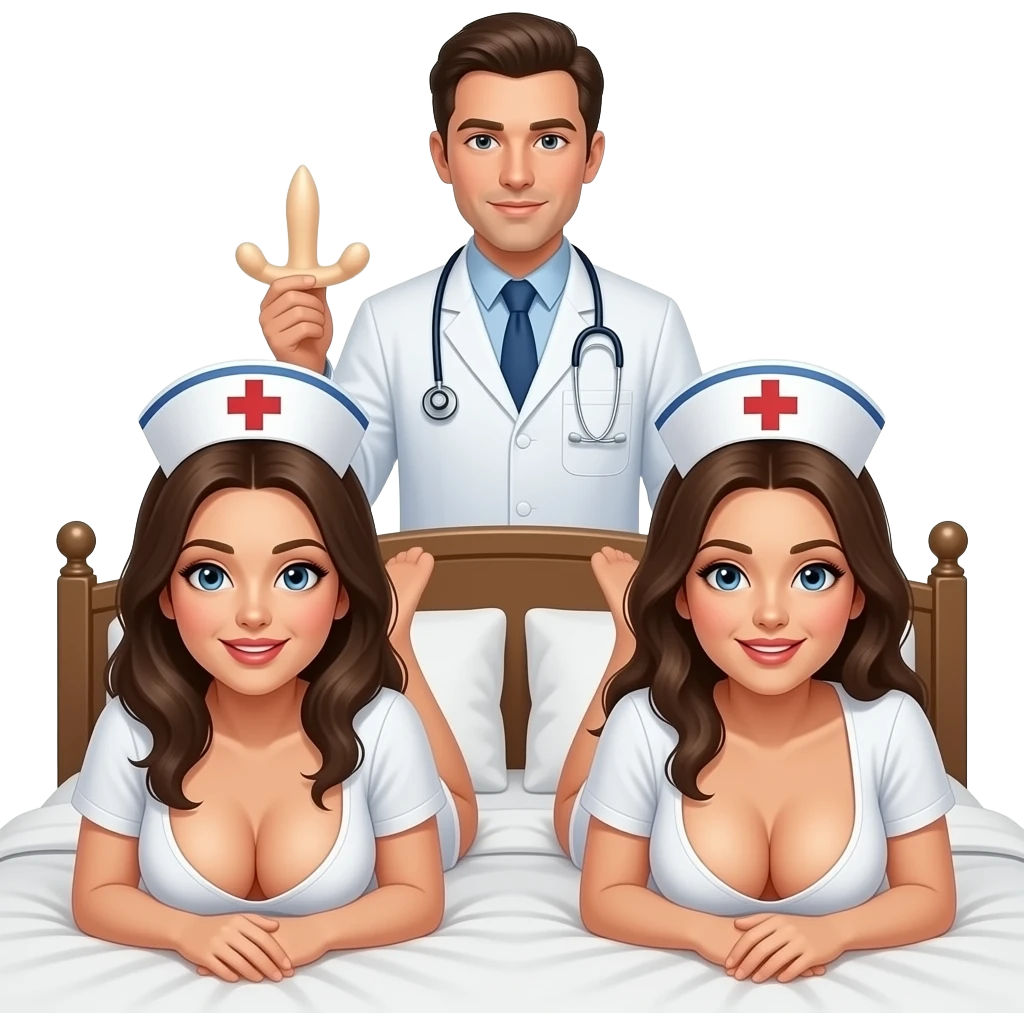 2 completely naked nurses, with very large breast,laying doggy style on a bed, a male doctor standing behind them with a dildo emoji