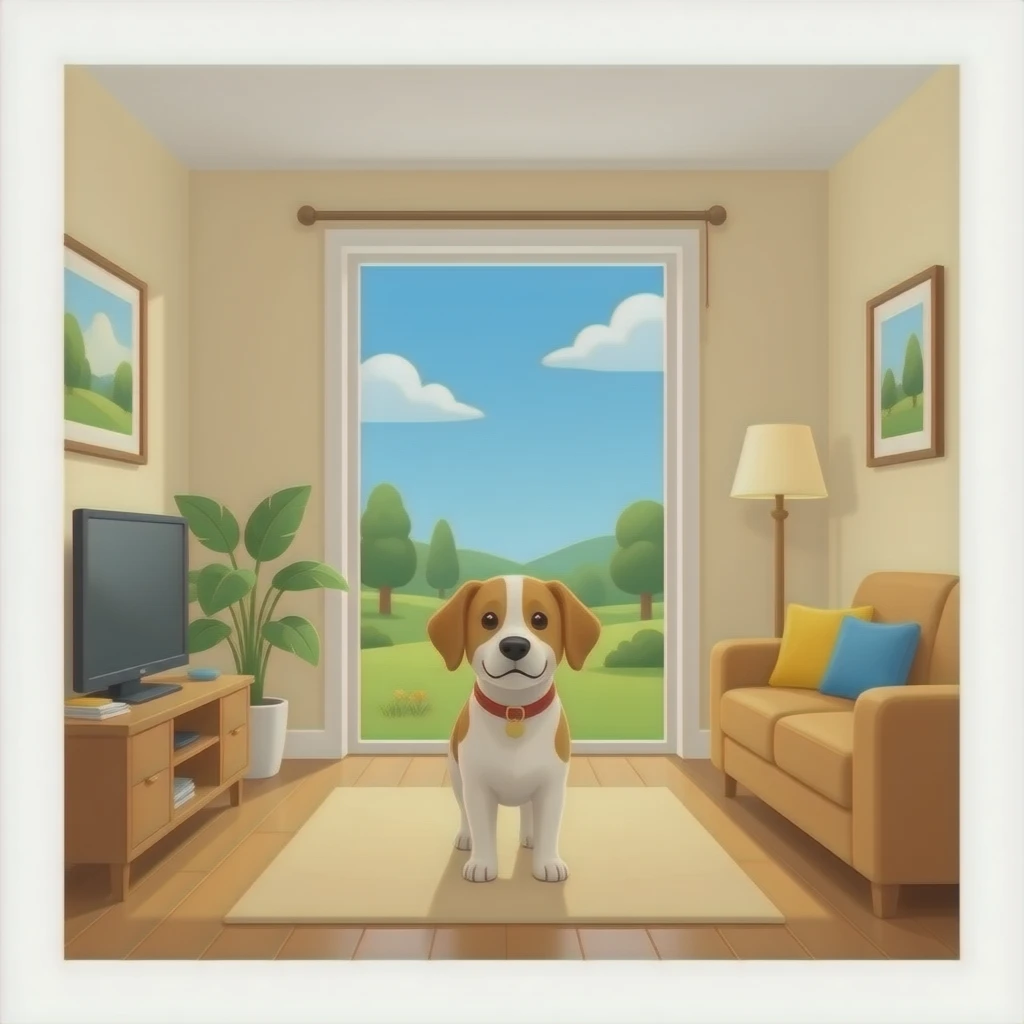 The dog walks into the bright living room emoji