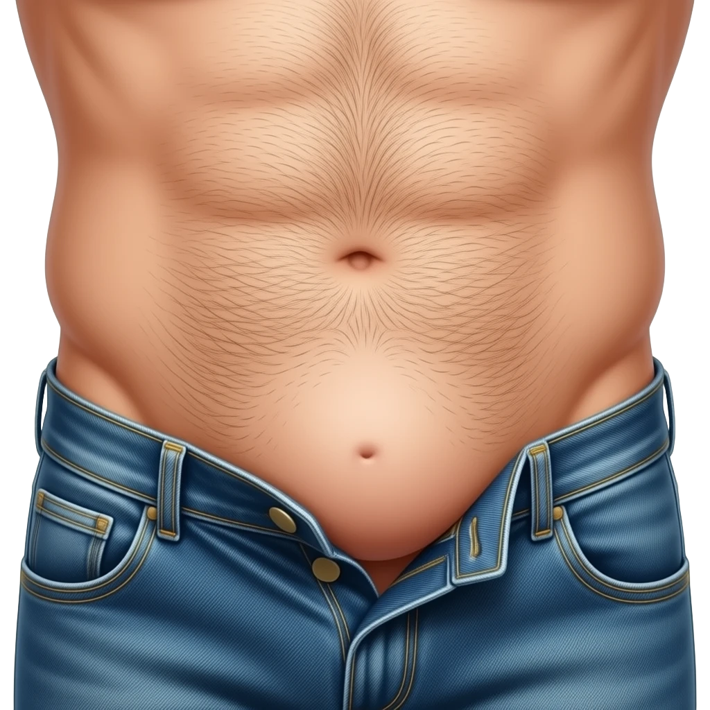 Nahaufnahme eines behaarten Mannes der nur eine Jeans trägt. Die Jeans hat zwischen sein Beinen eine große Beule im Schritt. Die Beule der Jeans ist im Fokus emoji