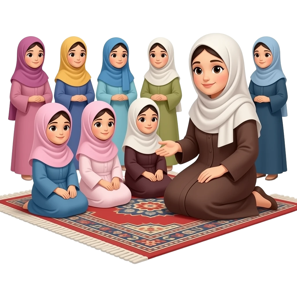 hijabi  little girls sitting with their teacher feamaleon carpet. All wearing abayas. more girls. emoji