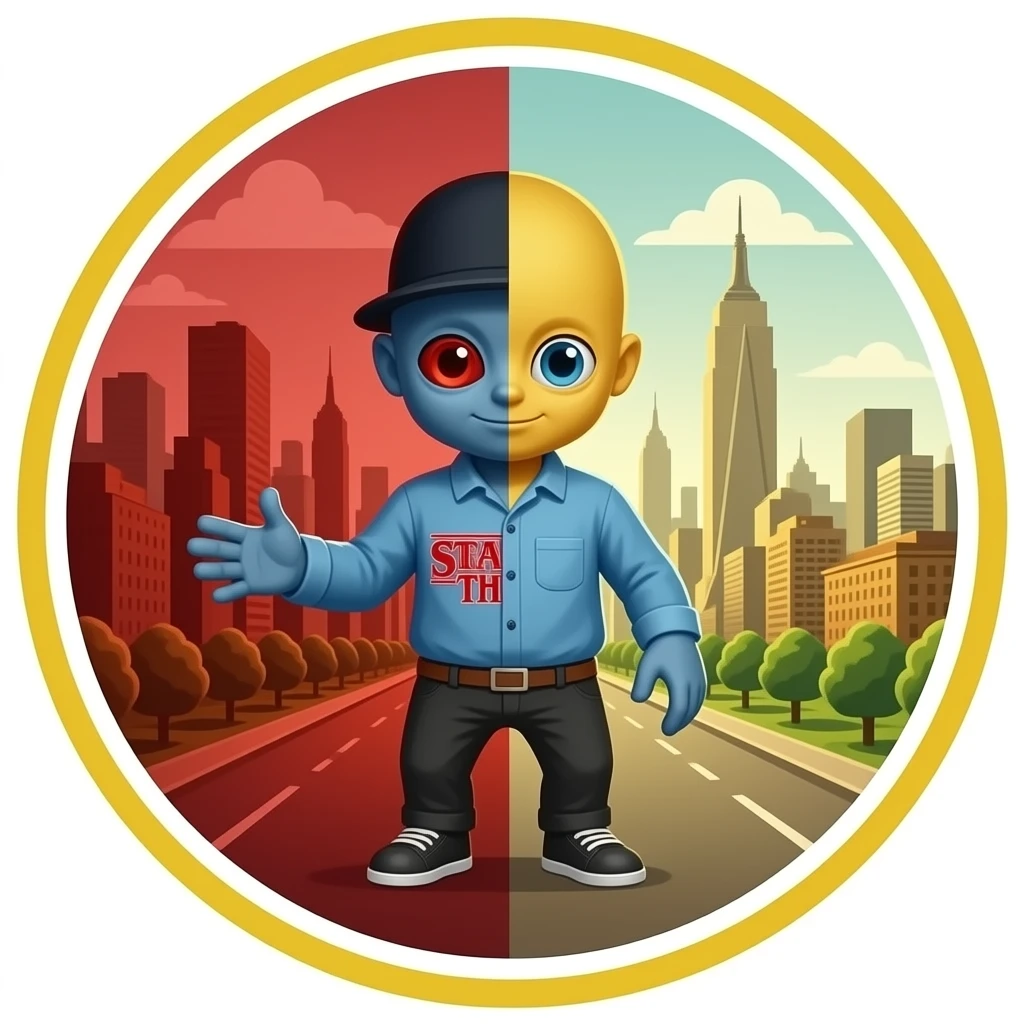 Un cerc pe jumătate galben pe jumătate roșu pe partea roșie să fie o creatură din stranger things și pe partea galbenă să fie un oraș mare. emoji