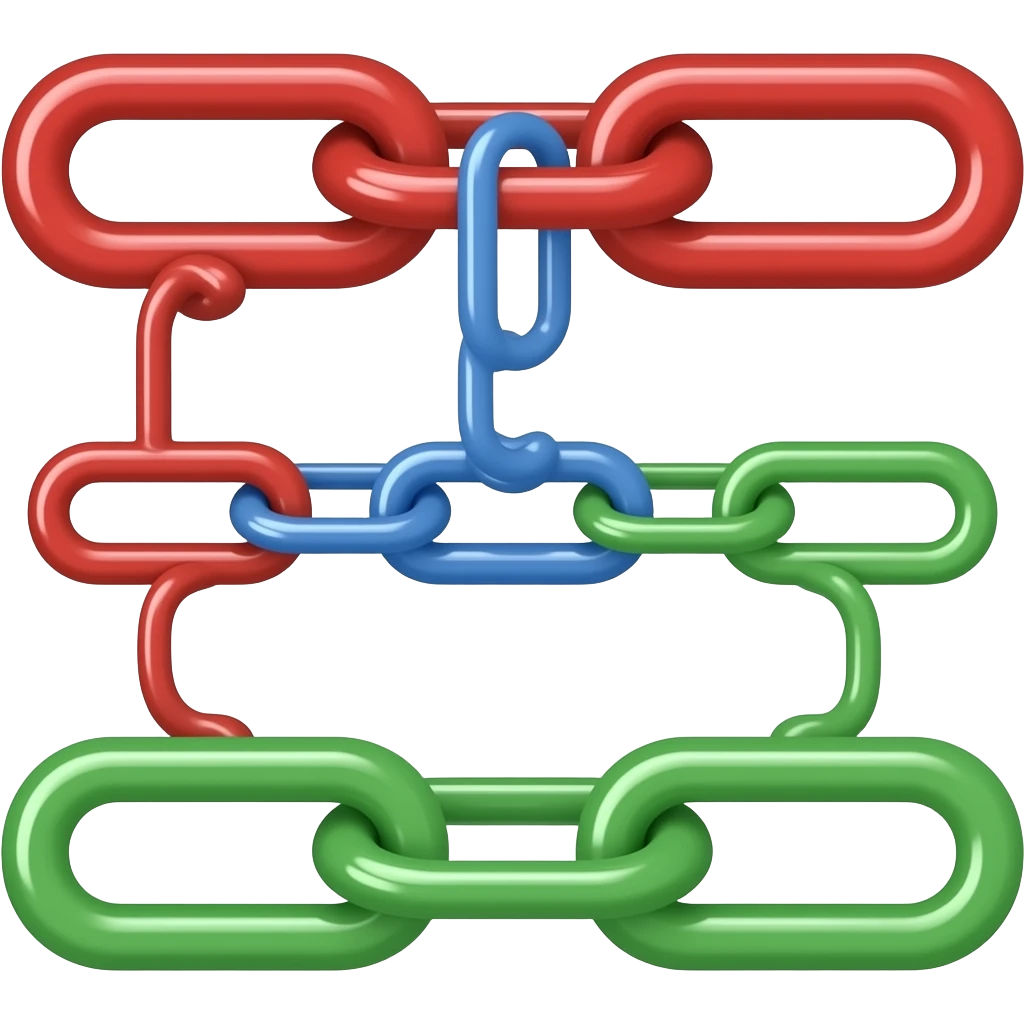 chain with 5 links in a row, 2 red links connected to 1 blue link connected to 2 green links emoji