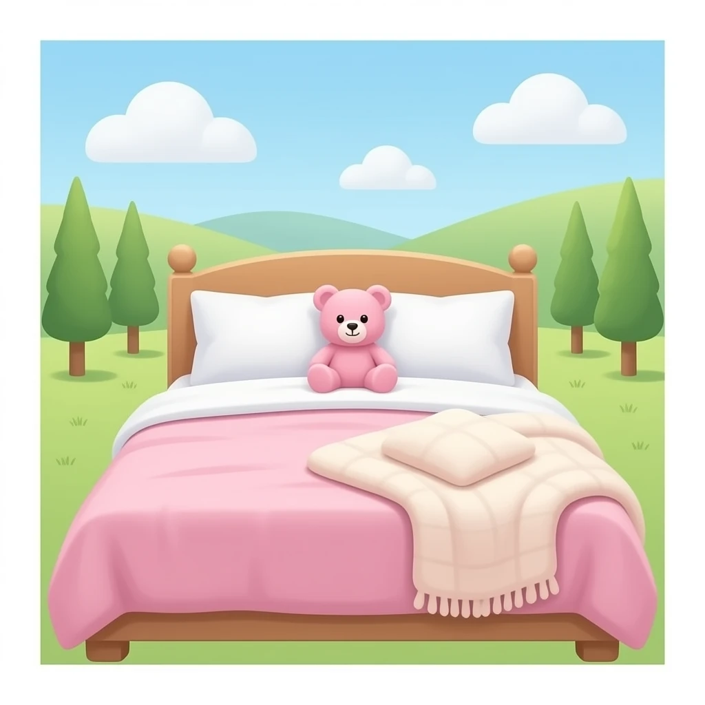 cozy bed front view and light pink, color and white pillows and a fluffy blanket and a pink teddy bear emoji