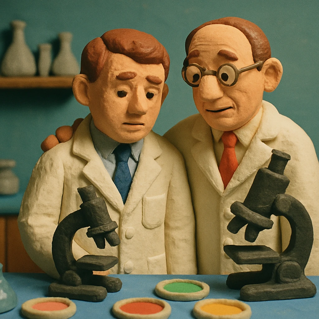 Two caring 1940s male scientists wearing white lab coats over a suite in their science laboratory full of microscopes and petri dishes. emoji
