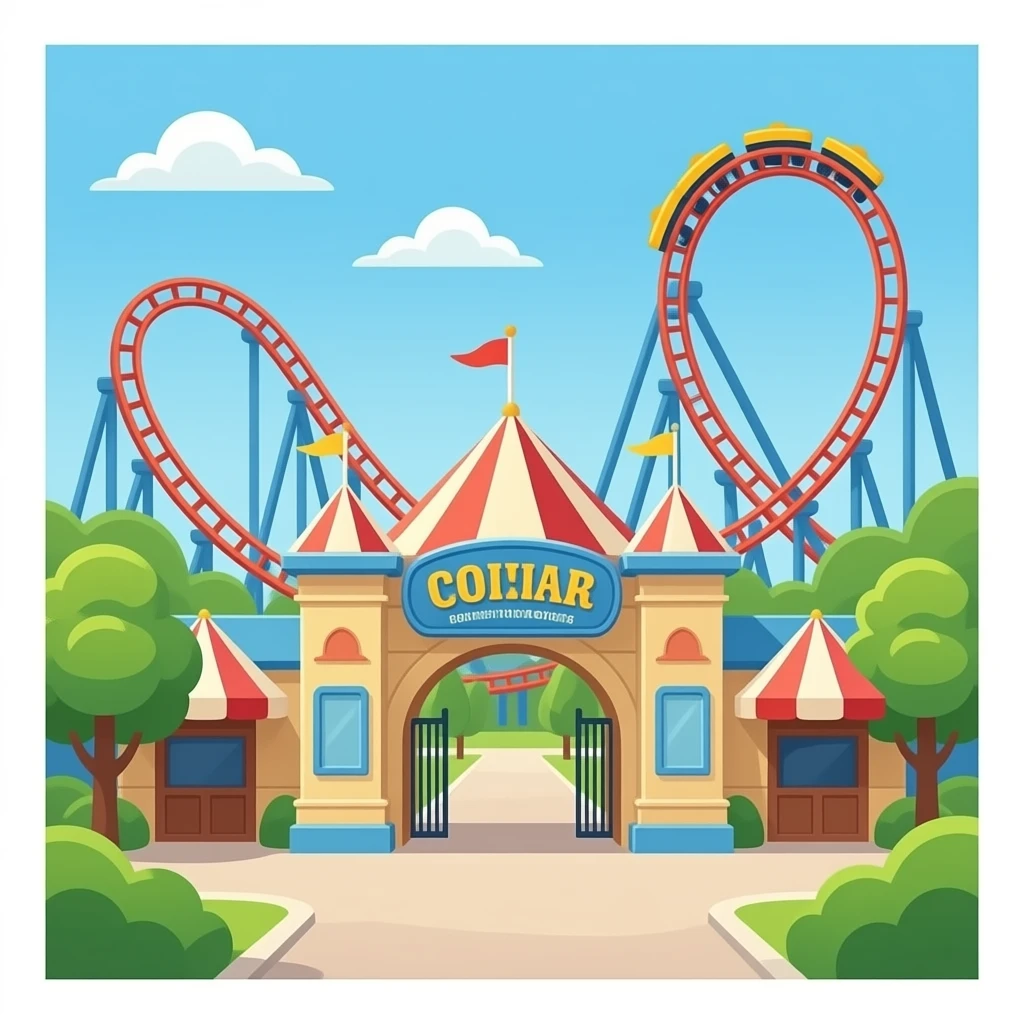 iOS icon style, a theme park entrance with roller coasters in background, flat design, vibrant colors, rounded corners emoji