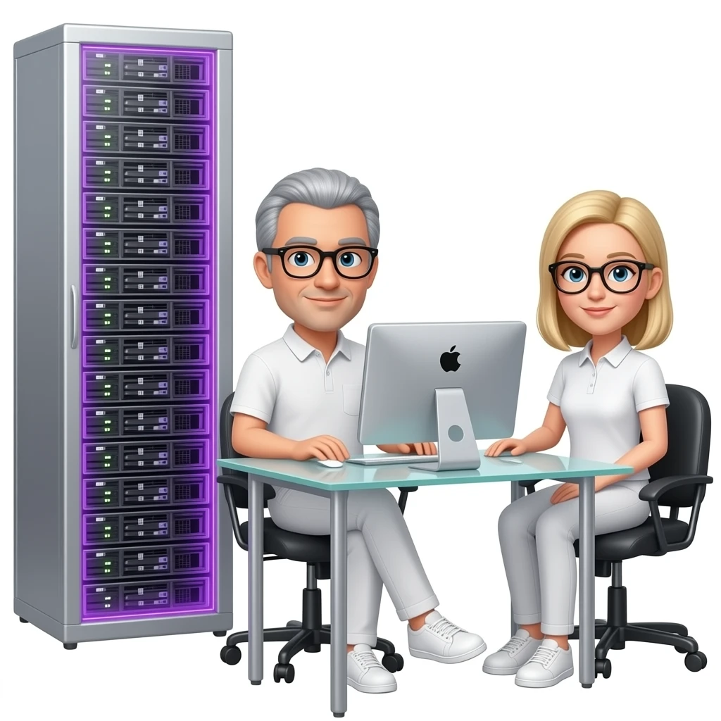 In the background is a silver server cabinet with purple backlighting, in the foreground is a glass table and an imac computer, two men are standing, gray hair, black glasses, black hair, white glasses, dressed in white pants and a polo shirt, a blonde girl in glasses is sitting at the table, emoji