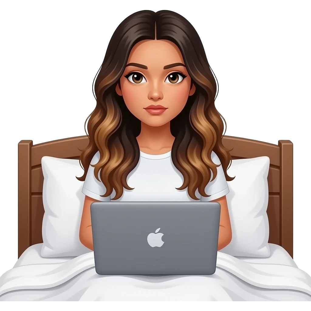 beautiful-filipino-woman-beautiful-eyes-with-long-wavy-hair-balayage--sitting on bed-with laptop before bed-side view-serious emoji