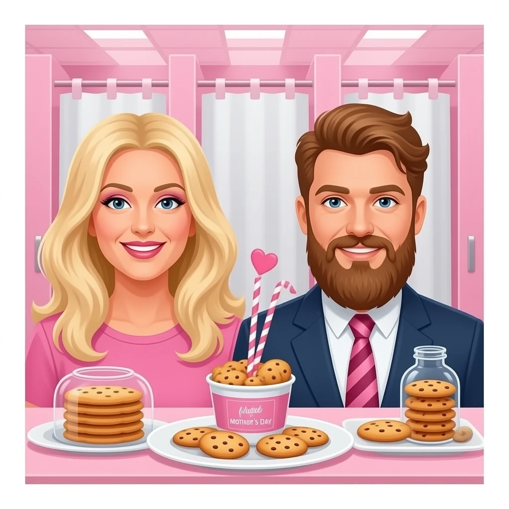 Make a Poster for SteamWorks bathhouse with the text: "SteamWorks, celebrates Mothers Day" + "Freshly baked cookie scent in all stalls." With bearded drag queen moms, no women  theme. emoji