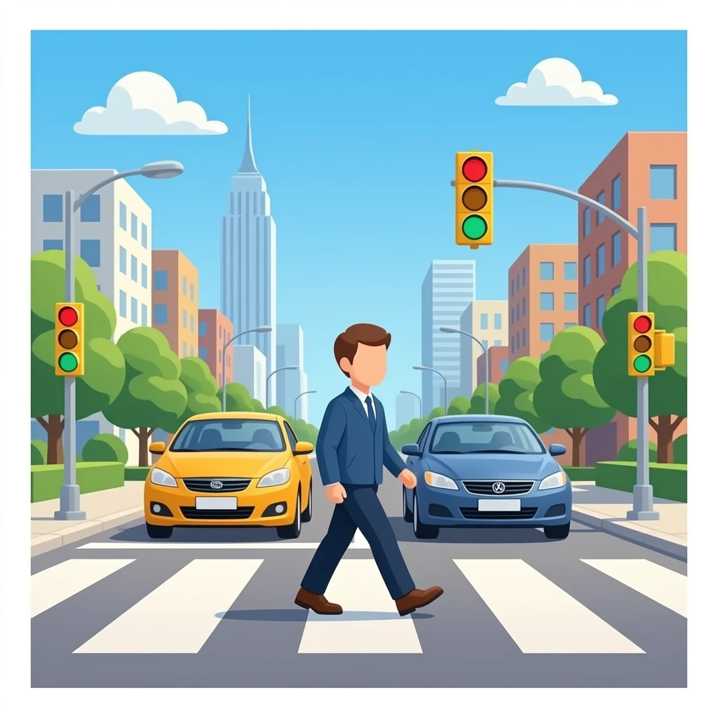 Person crossing zebra crossing, two cars stopped, traffic lights, city background, flat cartoon style emoji