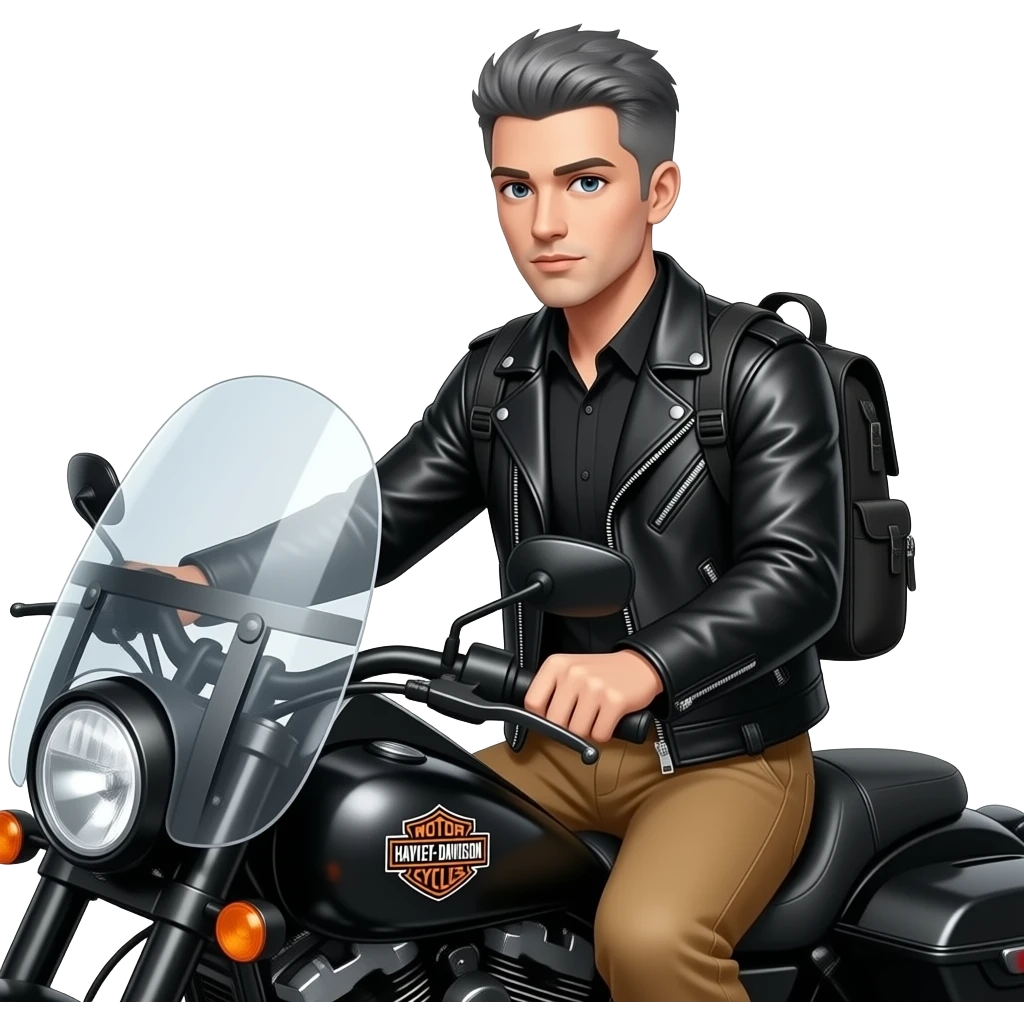 Gray and black short hair clean shaven man with no beard in black leather jacket and black shirt and tan pants and not wearing a obackpack  riding on a harley with a windshield and saddlebags and the orange bar and shield harley logo emoji