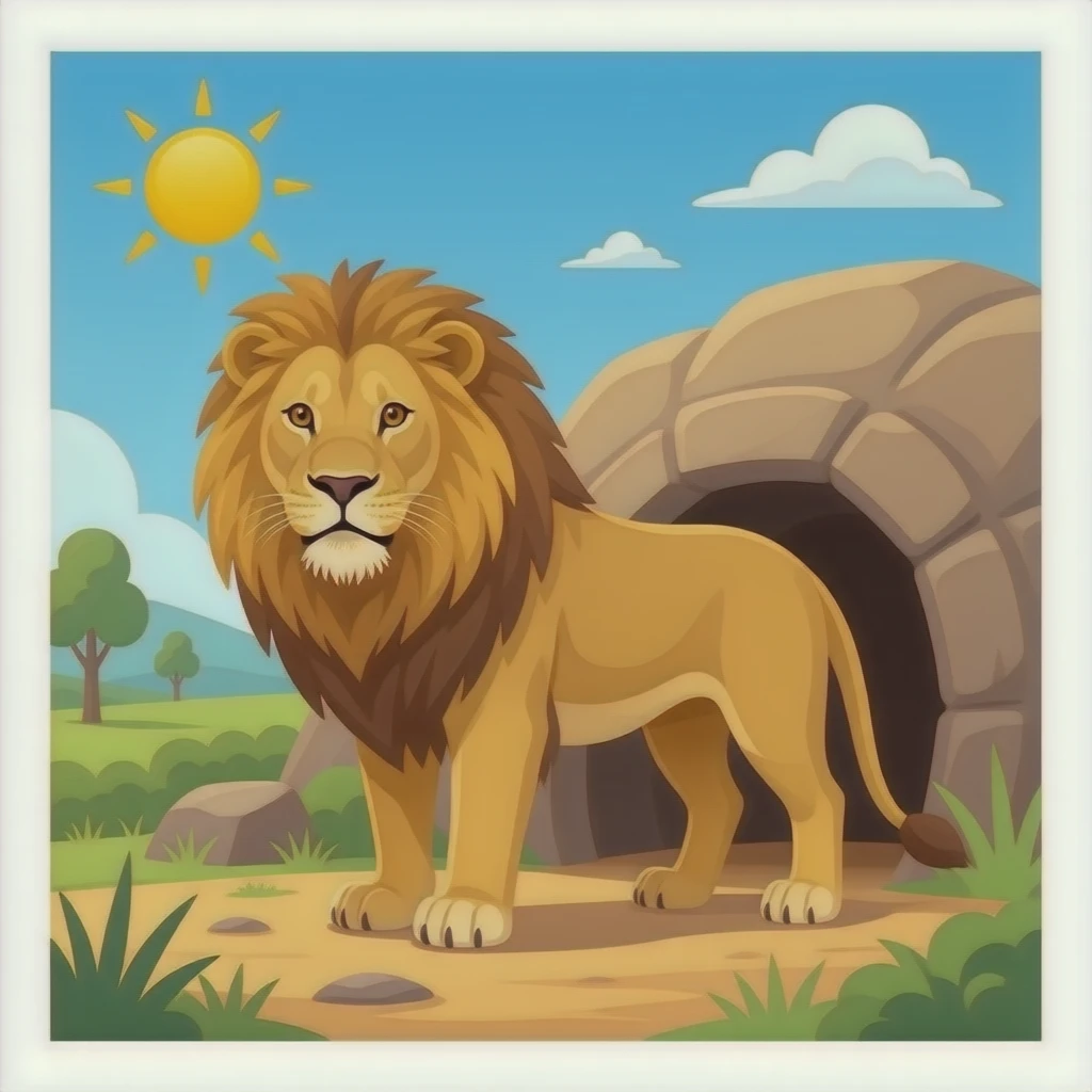 lion den with lion standing beside den, not inside den emoji