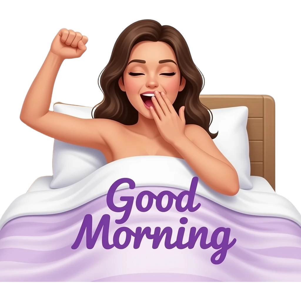 a tanned naked woman waking up in bed with one fisted arm fully stretched and yawning with the other hand covering her mouth. the words "Good Morning" in purple printed across emoji
