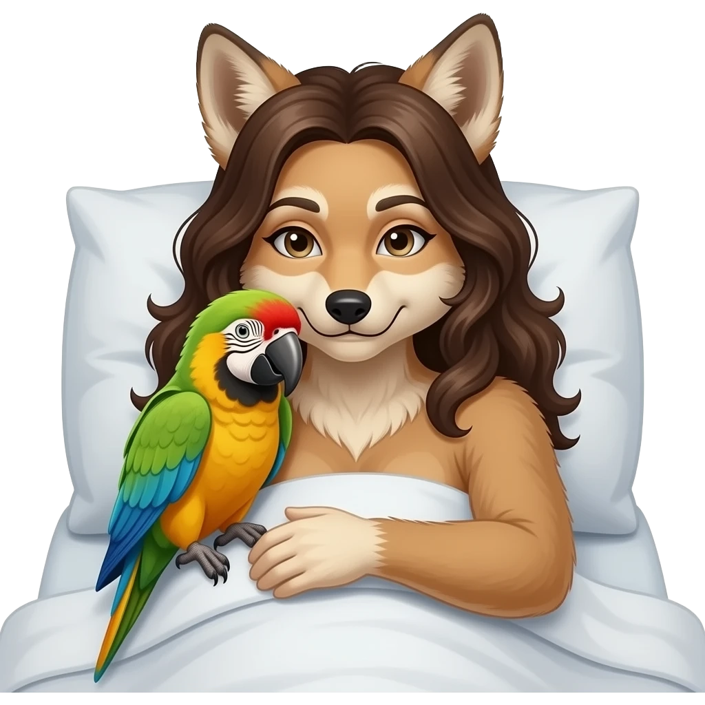 Female coyote furry person woman,laying in bed hugging a parrot emoji