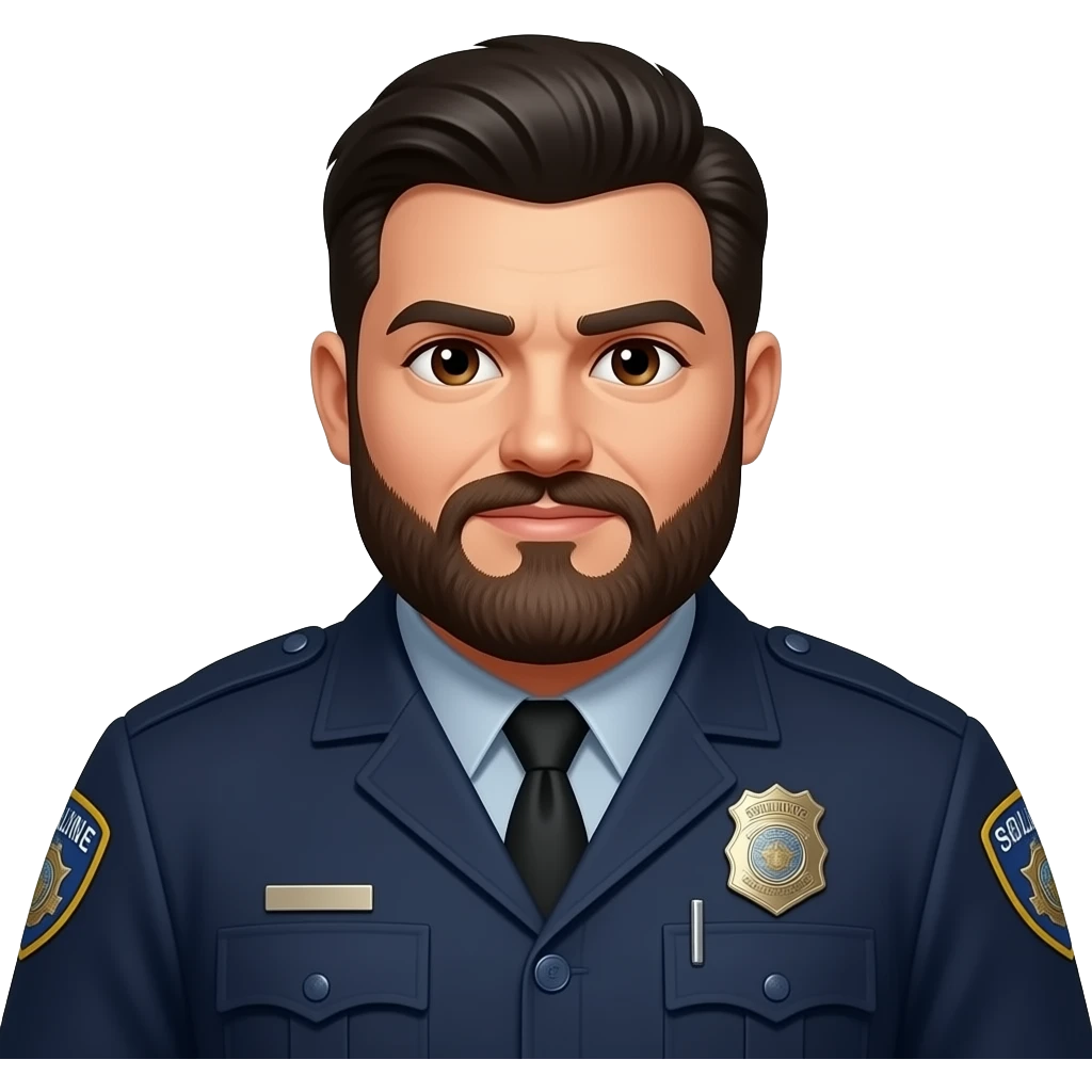 heavy set police officer detective with a full black/red beard and slicked back black hair brown eyes emoji