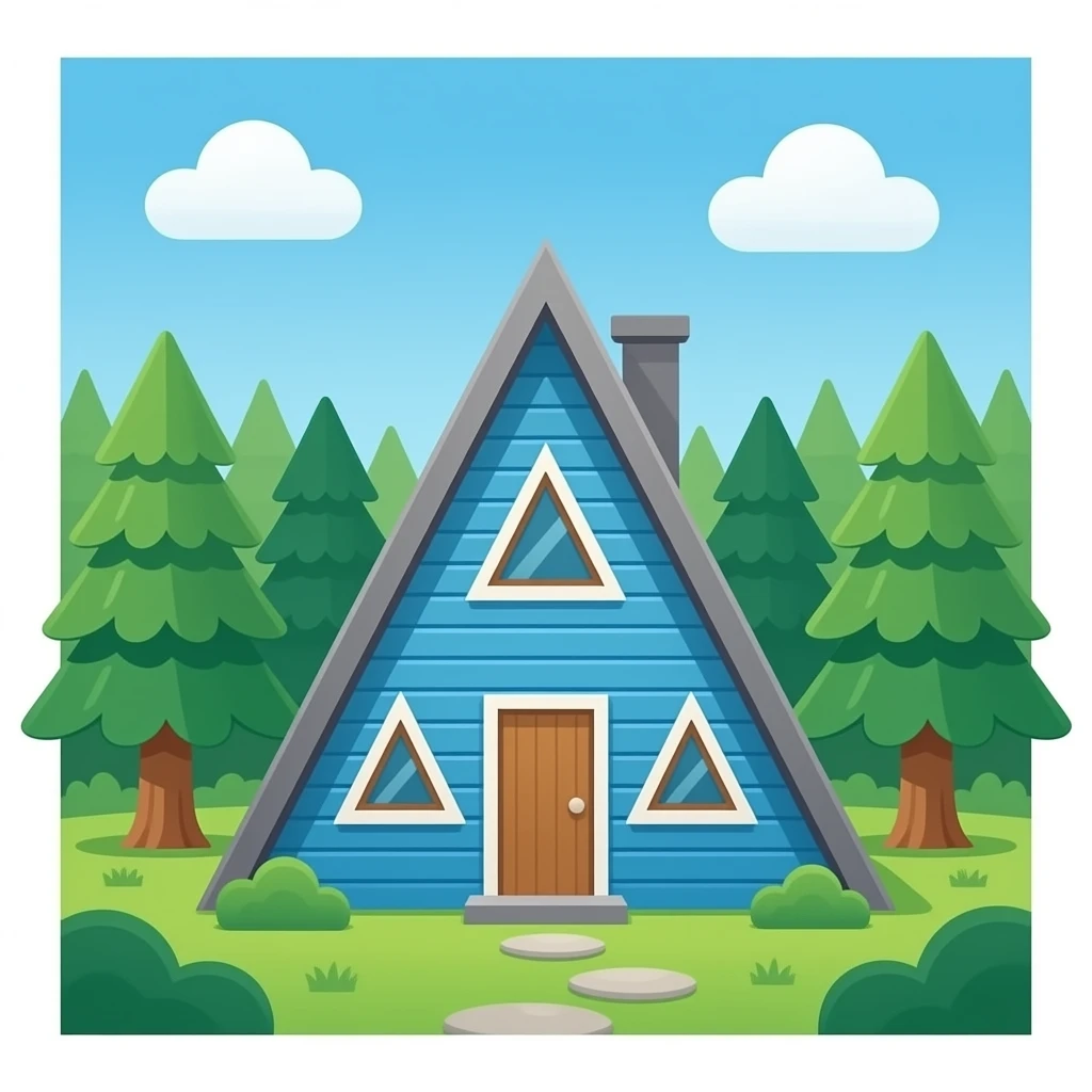 Blue Aframe with grey roof and tree triangle windows in forest emoji