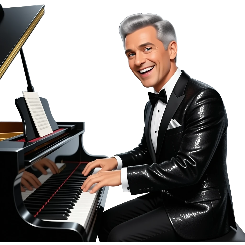 Polish Happy show man with little grey hair playing rock & roll grand piano emoji